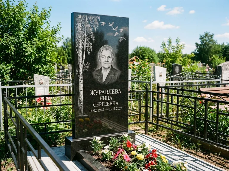 Памятник с гравировкой берёзы — гравировка берёзы с журавлиным клином в небе, работа «Журавлёва» в Казани