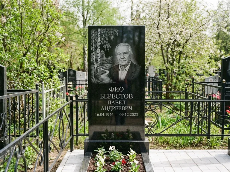 Памятник с гравировкой берёзы — гравировка берёзы у тропинки, уходящей вдаль, работа «Берестов» в Казани
