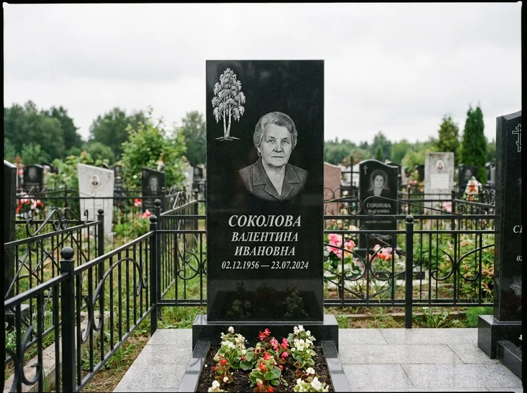 Памятник с гравировкой берёзы — гравировка одинокой берёзы над именем, работа «Соколова» в Казани