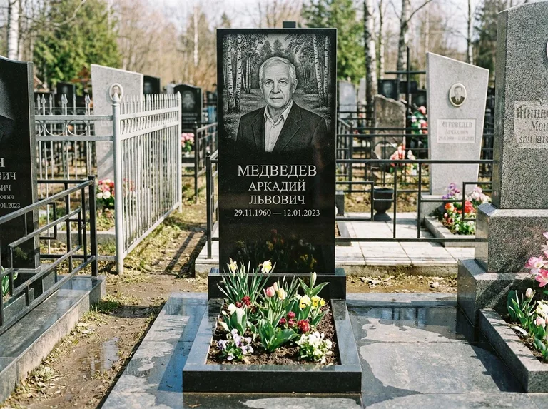 Памятник с гравировкой берёзы — гравировка берёзовой рощи в глубину, работа «Медведев» в Казани