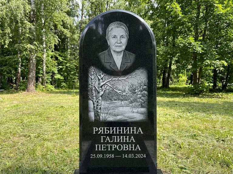Памятник с гравировкой берёзы: стела с плавным арочным верхом — зимняя берёза, снег на ветвях, газон без ограды, стриженая трава, работа «Рябинина» в Казани