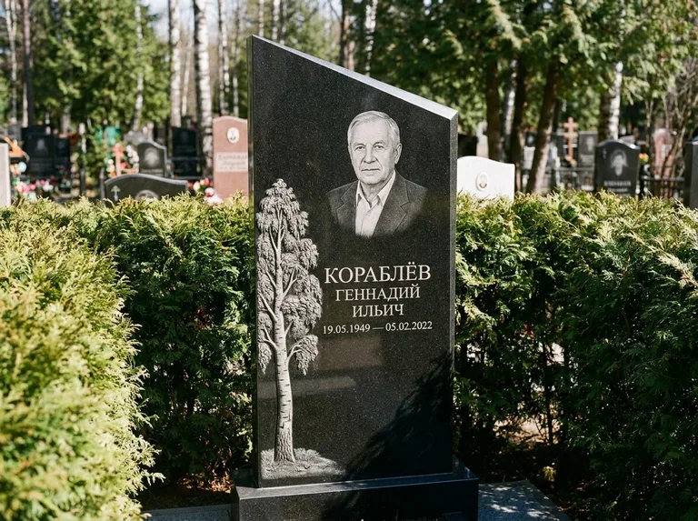 Памятник с гравировкой берёзы: асимметричная скошенная стела — объёмная одинокая берёза с фактурной корой, живая изгородь из туи, работа «Кораблёв» в Казани