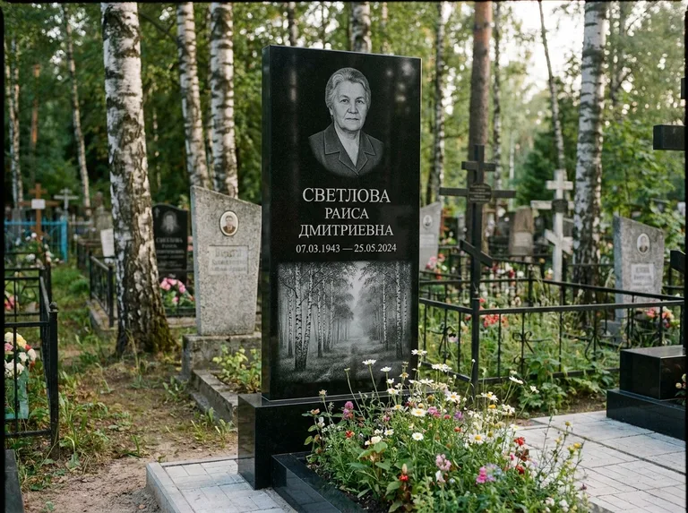Памятник с гравировкой берёзы: двойная семейная стела — берёзовая роща в лёгкой дымке, цветник с полевыми цветами, работа «Светлова» в Казани
