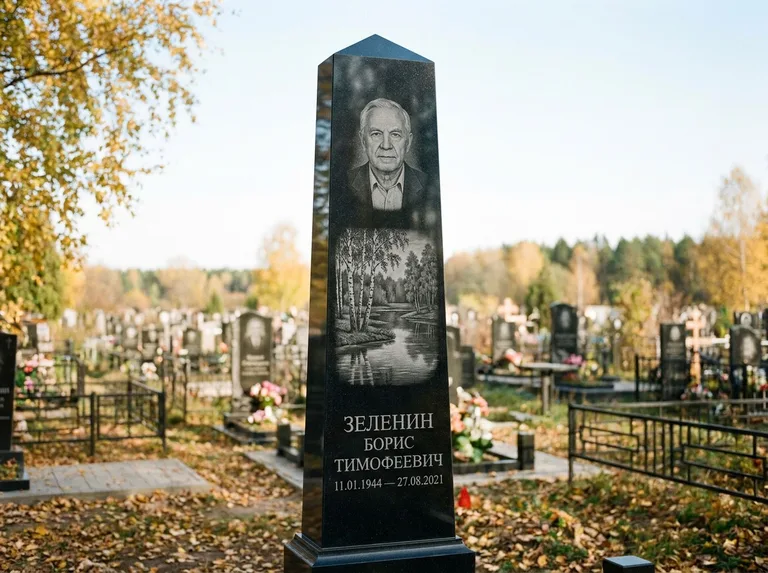 Памятник с гравировкой берёзы: гранёный обелиск-колонна — берёза у воды с отражением, открытый участок, мягкий свет, работа «Зеленин» в Казани
