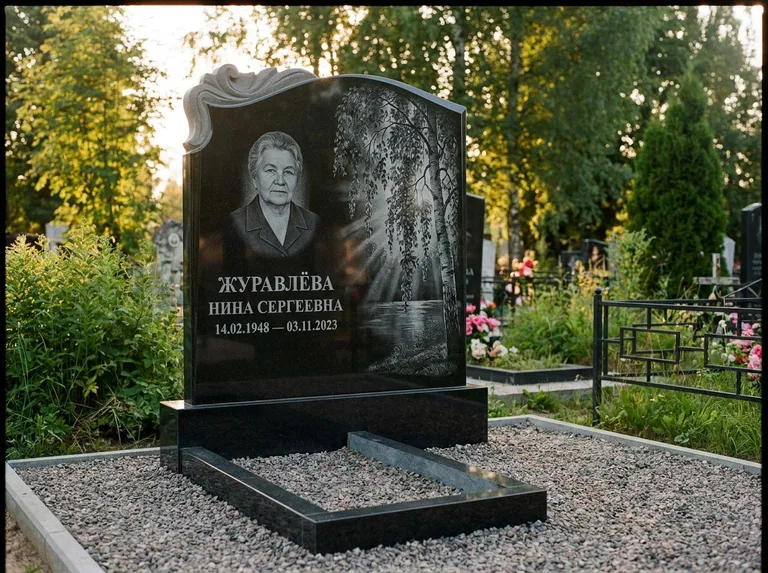 Памятник с гравировкой берёзы: стела с фигурным резным верхом — плакучая берёза в контровом свете, гравийная отсыпка, рассвет, работа «Журавлёва» в Казани