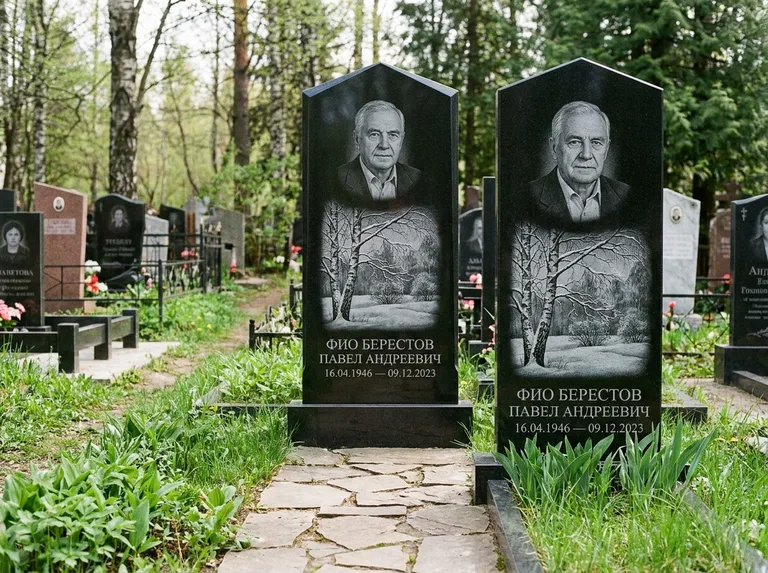 Памятник с гравировкой берёзы: массивная стела с двускатным навершием — зимняя берёза, снег на ветвях, дорожка из природного плитняка, работа «Берестов» в Казани