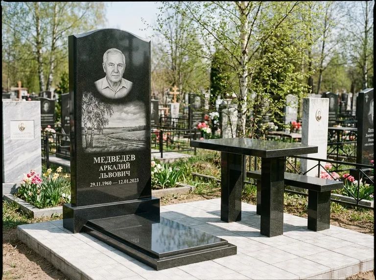 Памятник с гравировкой берёзы: стела с гранитным столиком и скамьёй — берёза у поля, простор до горизонта, семейный участок с плиткой, работа «Медведев» в Казани