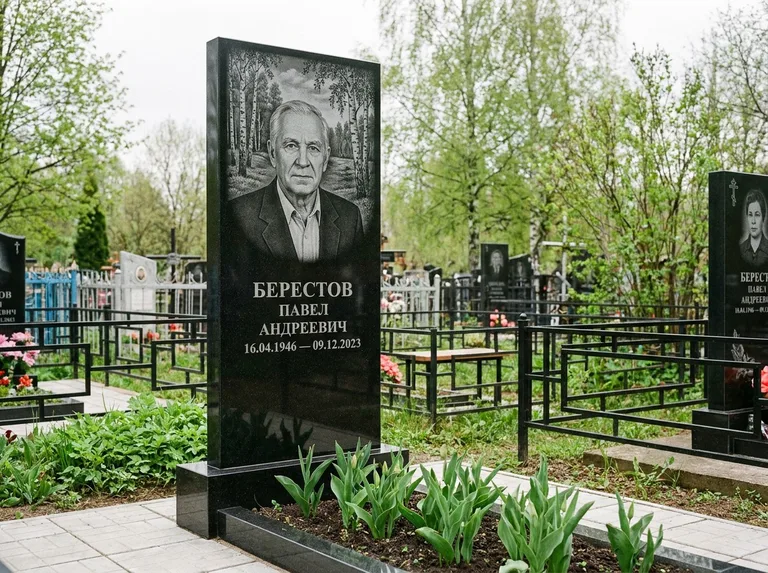 Памятник с гравировкой берёзы — гравировка берёзовой рощи в глубину, работа «Берестов» в Казани