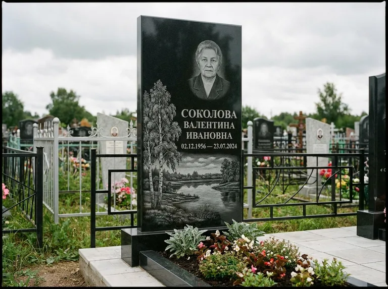 Памятник с гравировкой берёзы — гравировка берёзы у зеркального озера, работа «Соколова» в Казани