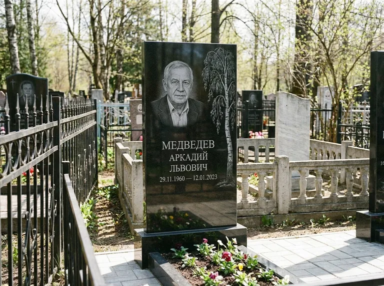 Памятник с гравировкой берёзы — гравировка плакучей берёзы с тонкими ветвями, работа «Медведев» в Казани
