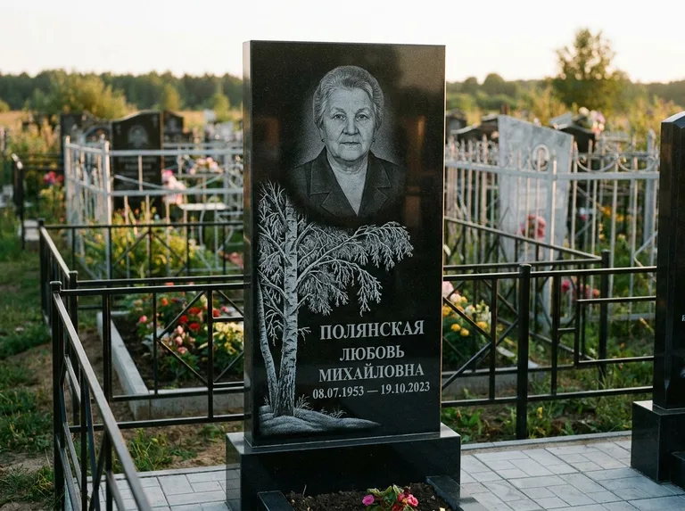 Памятник с гравировкой берёзы — гравировка зимней берёзы в инее, работа «Полянская» в Казани