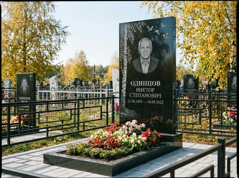 Памятник с гравировкой берёзы — гравировка берёзы с журавлиным клином в небе, работа «Одинцов» в Казани