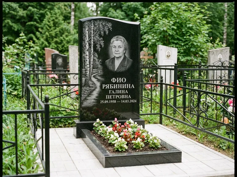 Памятник с гравировкой берёзы — гравировка берёзы у тропинки, уходящей вдаль, работа «Рябинина» в Казани