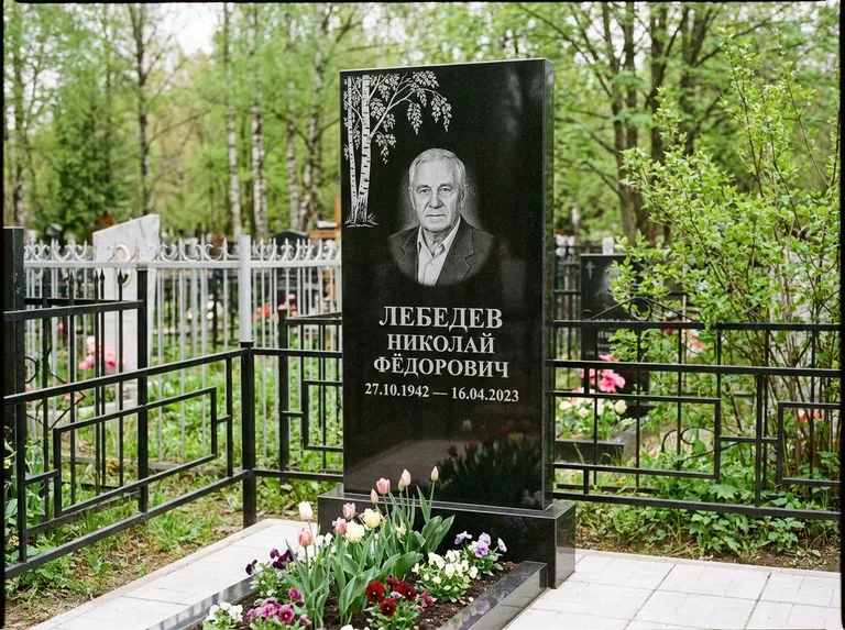 Памятник с гравировкой берёзы — гравировка одинокой берёзы над именем, работа «Лебедев» в Казани