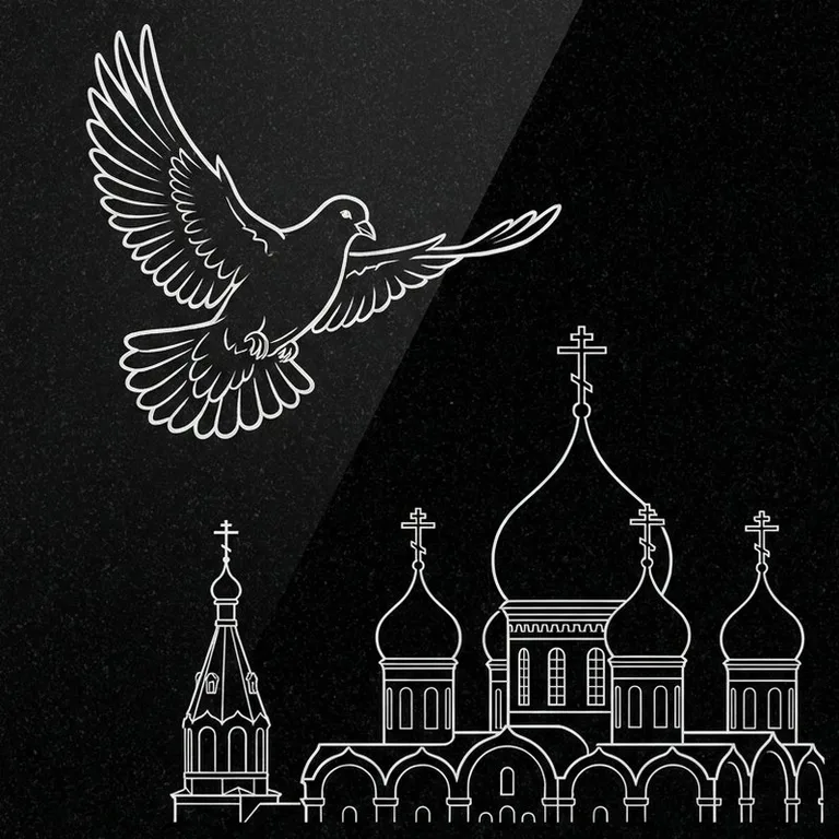 Эскиз гравировки голубей на памятник — голубь в небе над храмом в Казани