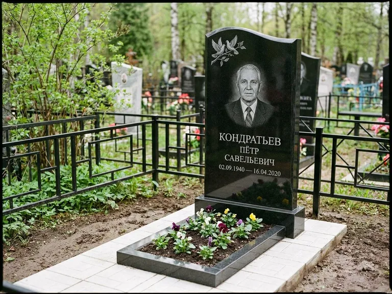 Памятник с гравировкой голубей — гравировка пары голубей на ветке в верхнем углу стелы, работа «Кондратьев» в Казани