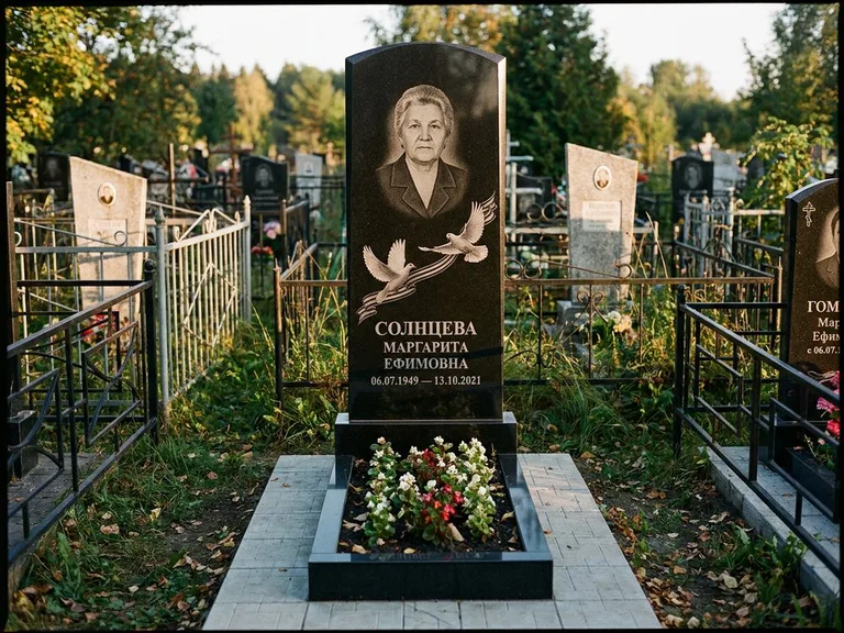 Памятник с гравировкой голубей — гравировка двух летящих голубей с лентой по диагонали стелы, работа «Солнцева» в Казани