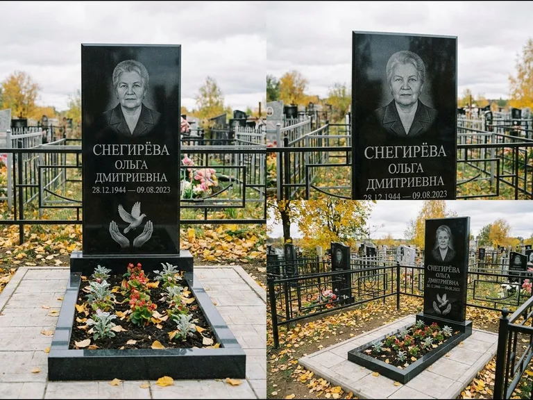 Памятник с гравировкой голубей — гравировка голубя над раскрытыми ладонями внизу стелы, работа «Снегирёва» в Казани