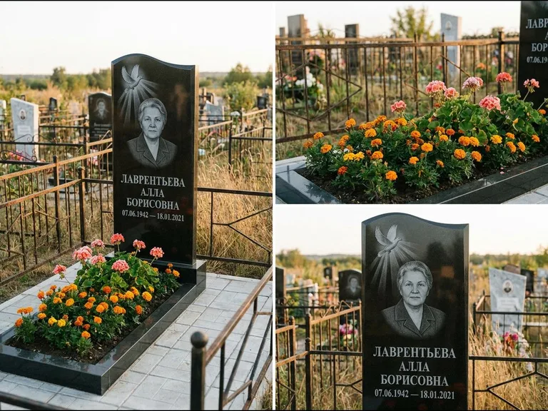 Памятник с гравировкой голубей — гравировка голубя в лучах света над портретом, работа «Лаврентьева» в Казани