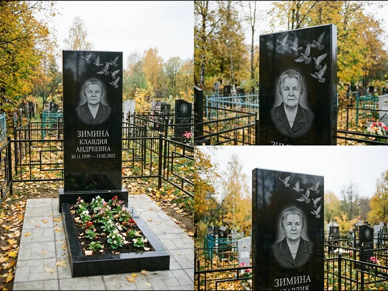 Памятник с гравировкой голубей — гравировка стаи голубей, взлетающей от угла стелы, работа «Зимина» в Казани