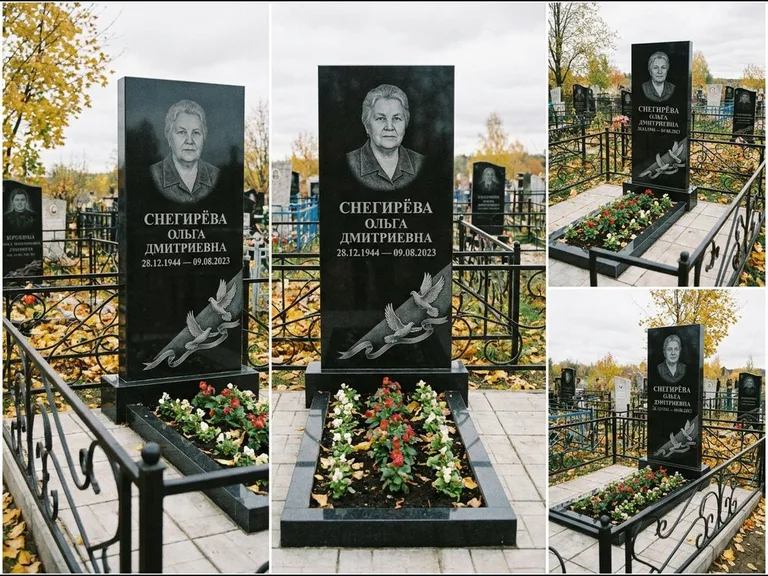 Памятник с гравировкой голубей — гравировка двух летящих голубей с лентой по диагонали стелы, работа «Снегирёва» в Казани