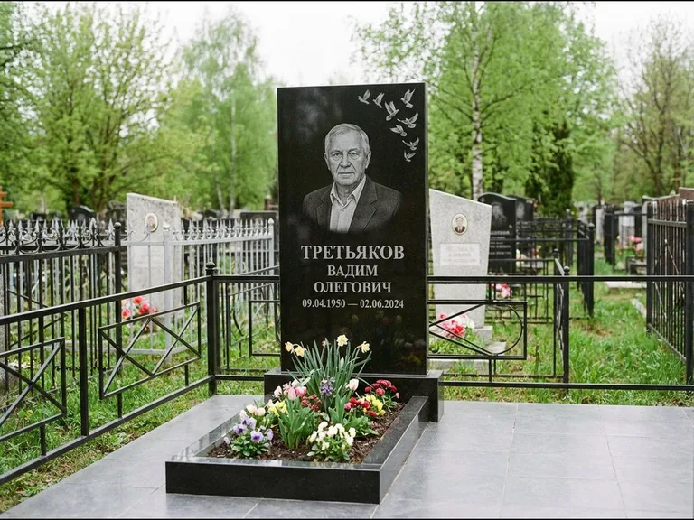 Памятник с гравировкой голубей — гравировка стаи голубей, взлетающей от угла стелы, работа «Третьяков» в Казани