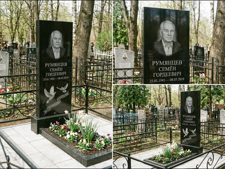 Памятник с гравировкой голубей — гравировка двух летящих голубей с лентой по диагонали стелы, работа «Румянцев» в Казани