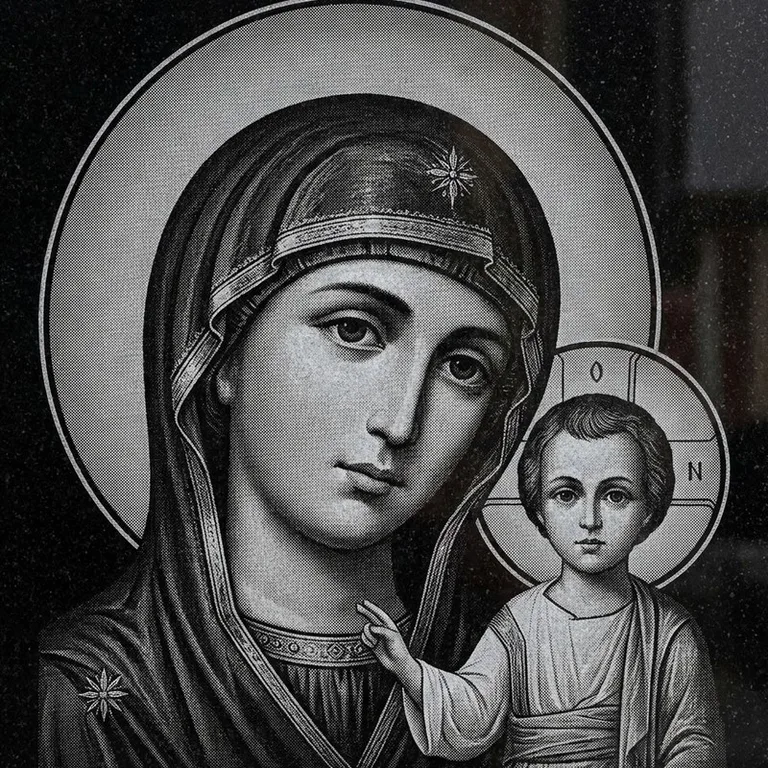 Эскиз иконы: Казанская (полутон) — детальный образ Богородицы, гравировка на памятник в Казани