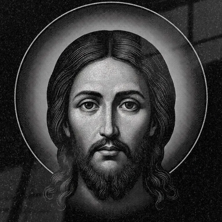 Эскиз иконы: Спас Нерукотворный (полутон) — детальный лик на убрусе, гравировка на памятник в Казани