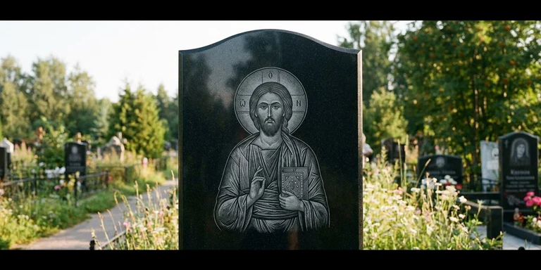 Иконы для гравировки на памятник в Казани — образ на стеле из чёрного гранита с ручной доводкой лика