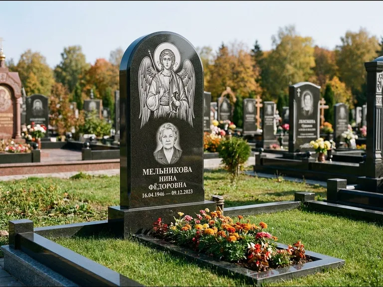 Памятник с гравировкой иконы — икона над портретом усопшего, работа «Журавлёв» в Казани