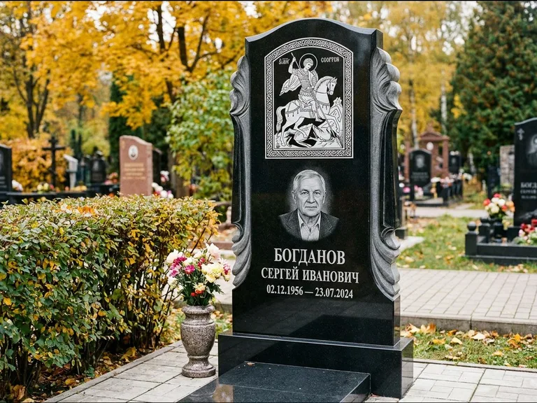 Памятник с гравировкой иконы — икона Спаса Вседержителя над именем усопшего, работа «Лебедева» в Казани
