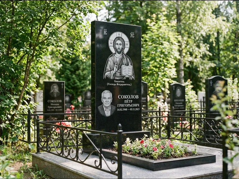 Памятник с гравировкой иконы — икона Спаса Вседержителя над именем усопшего, работа «Воронцова» в Казани