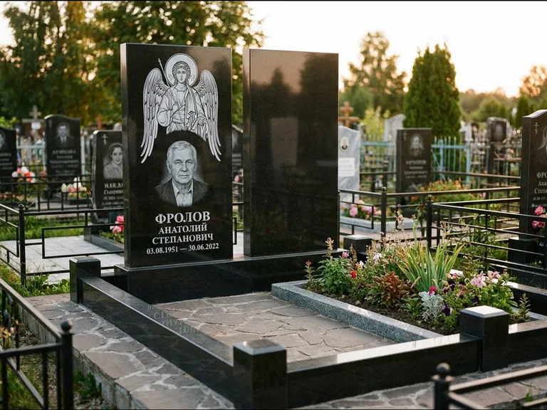 Памятник с гравировкой иконы: стела с резной рамкой вокруг иконы — Архангел Михаил на стеле, белая мраморная крошка с бордюром, работа «Богданова» в Казани
