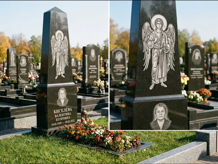 Памятник с гравировкой иконы: асимметричная скошенная стела — гравировка образа Спасителя, живая изгородь из кустарника, работа «Третьяков» в Казани