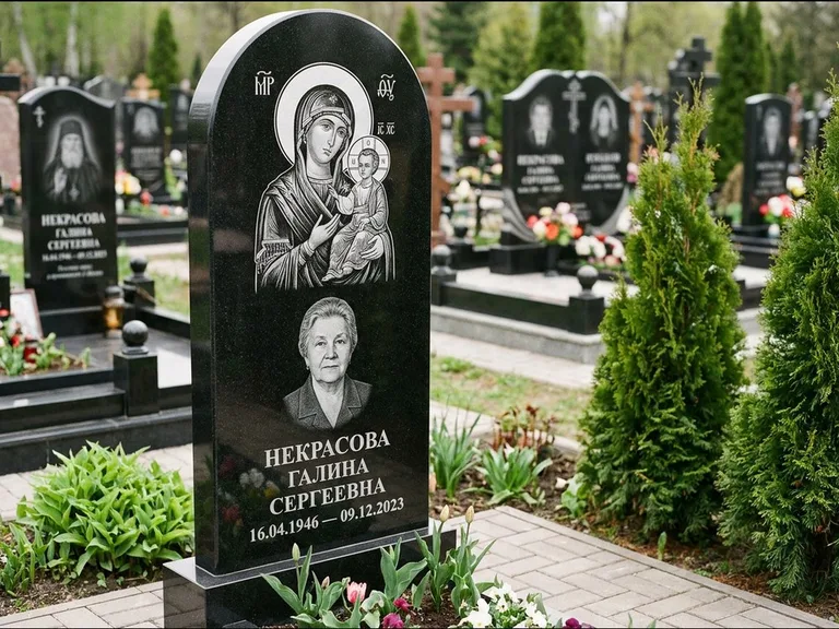 Памятник с гравировкой иконы: фигурная стела с киот-нишей под икону — икона в резной рамке-киоте, светлая гравийная отсыпка, работа «Журавлёв» в Казани