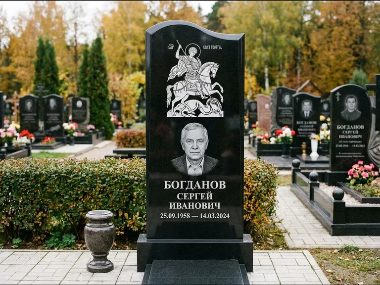 Памятник с гравировкой иконы: монументальный семейный мемориал из двух стел на общем цоколе — гравировка Николая Чудотворца, мощёная гранитная площадка без ограды, работа «Раевская» в Казани