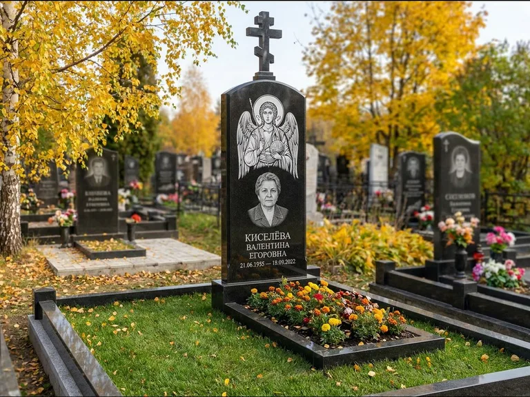 Памятник с гравировкой иконы — образ в полный рост на обороте стелы, работа «Гущин» в Казани