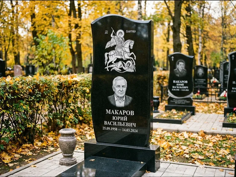 Памятник с гравировкой иконы — икона над портретом усопшего, работа «Раевская» в Казани