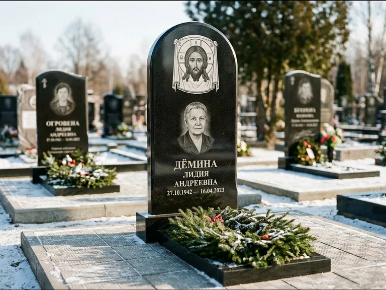 Памятник с гравировкой иконы — икона Спаса Вседержителя над именем усопшего, работа «Ковалёв» в Казани