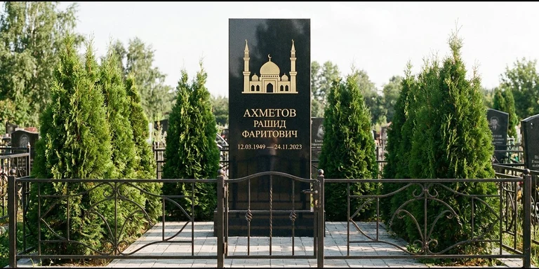 Гравировка мечети на памятник в Казани — стела из чёрного гранита, оформление по канонам ислама