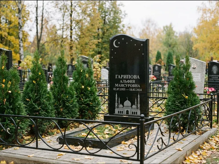 Мусульманский памятник с гравировкой мечети — мечеть с луной в ночном небе, работа «Гарипова» в Казани