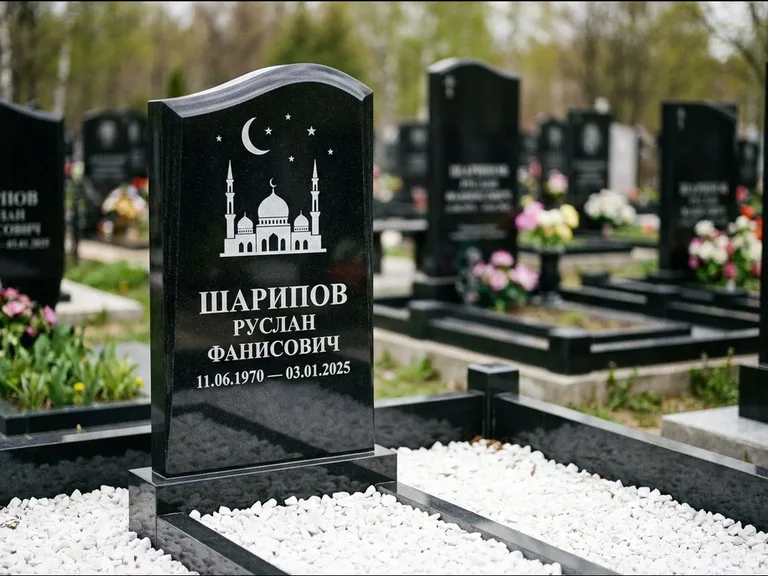 Мусульманский памятник с гравировкой мечети: стела с волнообразным скошенным верхом — гравировка мечети под полумесяцем и звёздами, белая мраморная крошка с бордюром, работа «Шарипов» в Казани