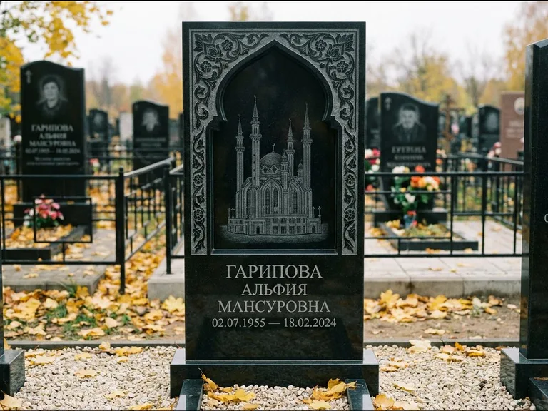 Мусульманский памятник с гравировкой мечети: фигурная стела с михраб-нишей — гравировка мечети в михраб-арке с орнаментом, светлая гравийная отсыпка, работа «Гарипова» в Казани
