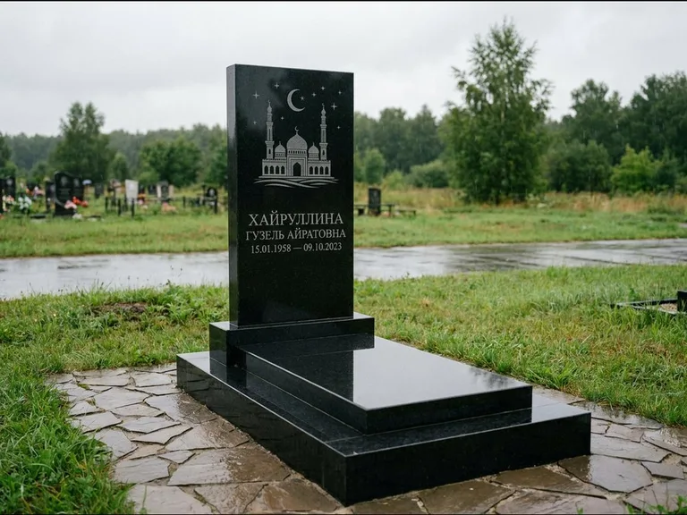 Мусульманский памятник с гравировкой мечети: ступенчатая двухуровневая стела — гравировка мечети под полумесяцем и звёздами, каменная дорожка из плитняка, работа «Хайруллина» в Казани