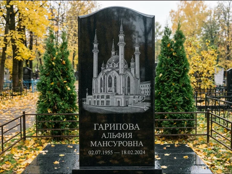 Мусульманский памятник с гравировкой мечети — мечеть Кул-Шариф на обороте стелы, работа «Гарипова» в Казани