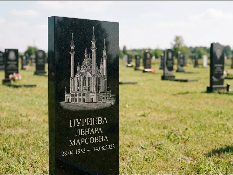 Мусульманский памятник с гравировкой мечети: узкая вертикальная стела-пилон — гравировка мечети в михраб-арке с орнаментом, открытая лужайка без ограды, работа «Хайруллина» в Казани
