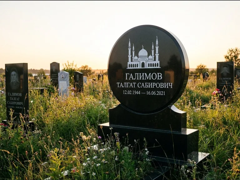 Мусульманский памятник с гравировкой мечети: округлая стела-медальон на тумбе — гравировка мечети в михраб-арке с орнаментом, луговые травы и полевые цветы, работа «Каримов» в Казани