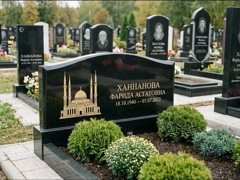 Мусульманский памятник с гравировкой мечети: вытянутая горизонтальная семейная стела с аркой — белая гравировка силуэта мечети с минаретами, участок с декоративными кустами, работа «Гарипова» в Казани