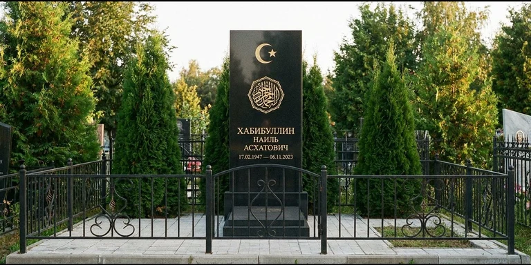Гравировка на мусульманском памятнике в Казани — стела из чёрного гранита, оформление по канонам ислама